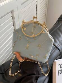 Bolso domo con bordado de flor mini con cerradura - Azul - Ver 6