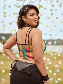 SHEIN ICON Plus Rainbow Striped Contrast Binding Crop Mesh Cami Top Without Bra - Multicolor - View 2