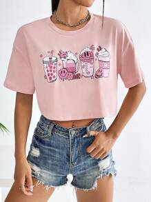 SHEIN Unity Cartoon Graphic Drop Shoulder Crop Tee - Baby Pink - View 4