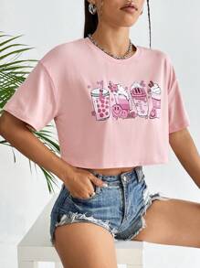 SHEIN Unity Cartoon Graphic Drop Shoulder Crop Tee - Baby Pink - View 5