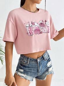 SHEIN Unity Cartoon Graphic Drop Shoulder Crop Tee - Baby Pink - View 6