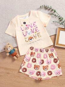 SHEIN Girls Cartoon & Slogan Graphic PJ Set - Multicolor - View 1