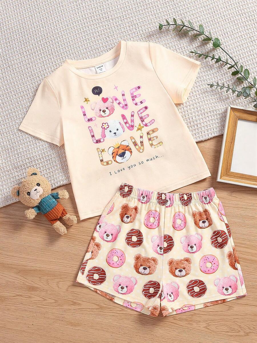 SHEIN Girls Cartoon & Slogan Graphic PJ Set - Multicolor - View 1