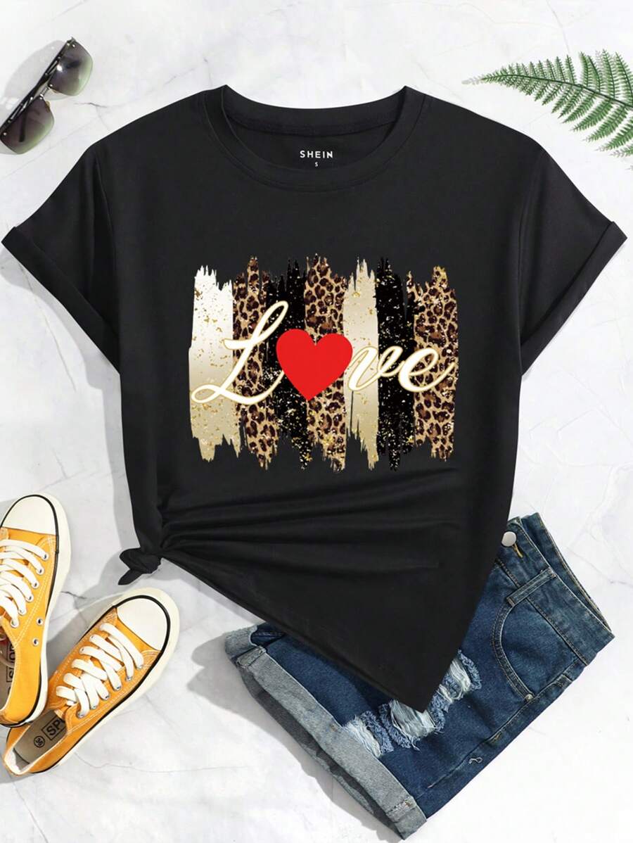 SHEIN LUNE Áo thun nữ Tim In hoa Báo Giải trí - màu đen - Xem 1