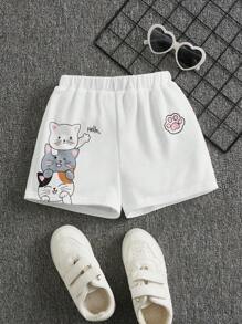 SHEIN 小女童卡通圖案短褲 - 白色 - 查看 1