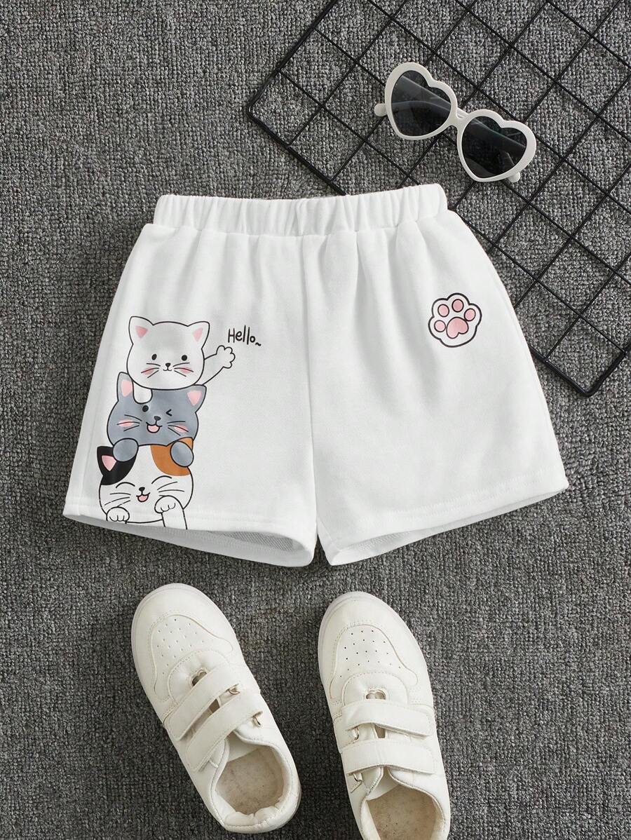 SHEIN 小女童卡通圖案短褲 - 白色 - 查看 1