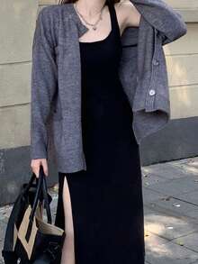 Solid High Slit Tank Dress Without Cardigan - Black - View 1