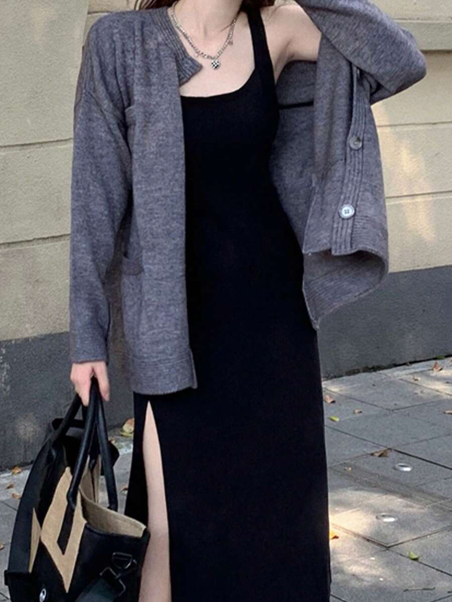 Solid High Slit Tank Dress Without Cardigan - Black - View 1
