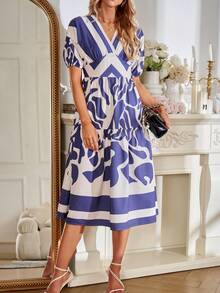 SHEIN VCAY Graphic Print Batwing Sleeve Ruffle Hem Dress - Blue and White - View 3