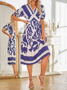 SHEIN VCAY Graphic Print Batwing Sleeve Ruffle Hem Dress - Blue and White - View 4