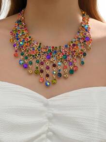 1pc Gorgeous Lovely Colorful Rhinestone Flower Tassels Bib Necklaces Luxury Elegant Sweet Jewelry For Women&Teen Girls Valentines,Mom,Mother,Mother's Day,Gift - Multicolor - View 1