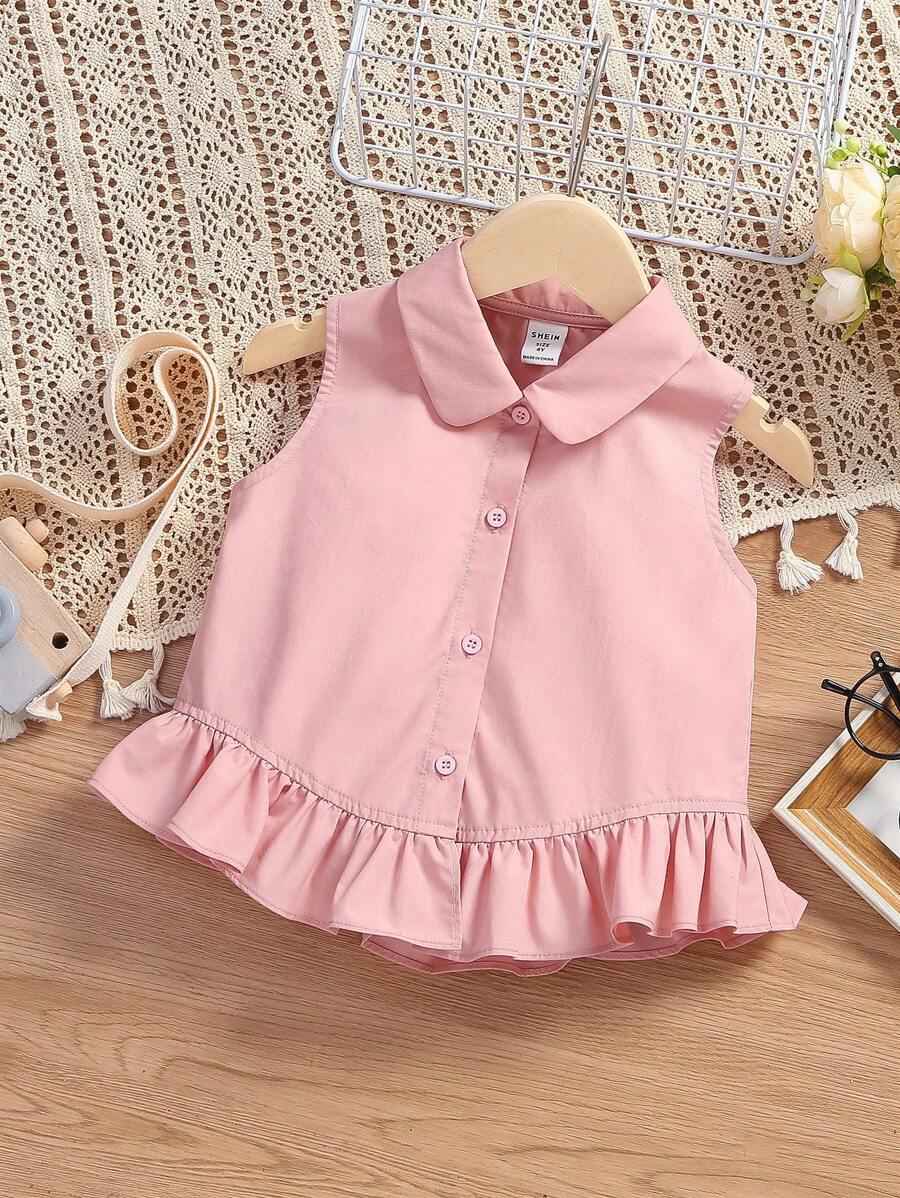 SHEIN Young Girl Ruffle Hem Button Front Sleeveless Shirt - Baby Pink - View 1