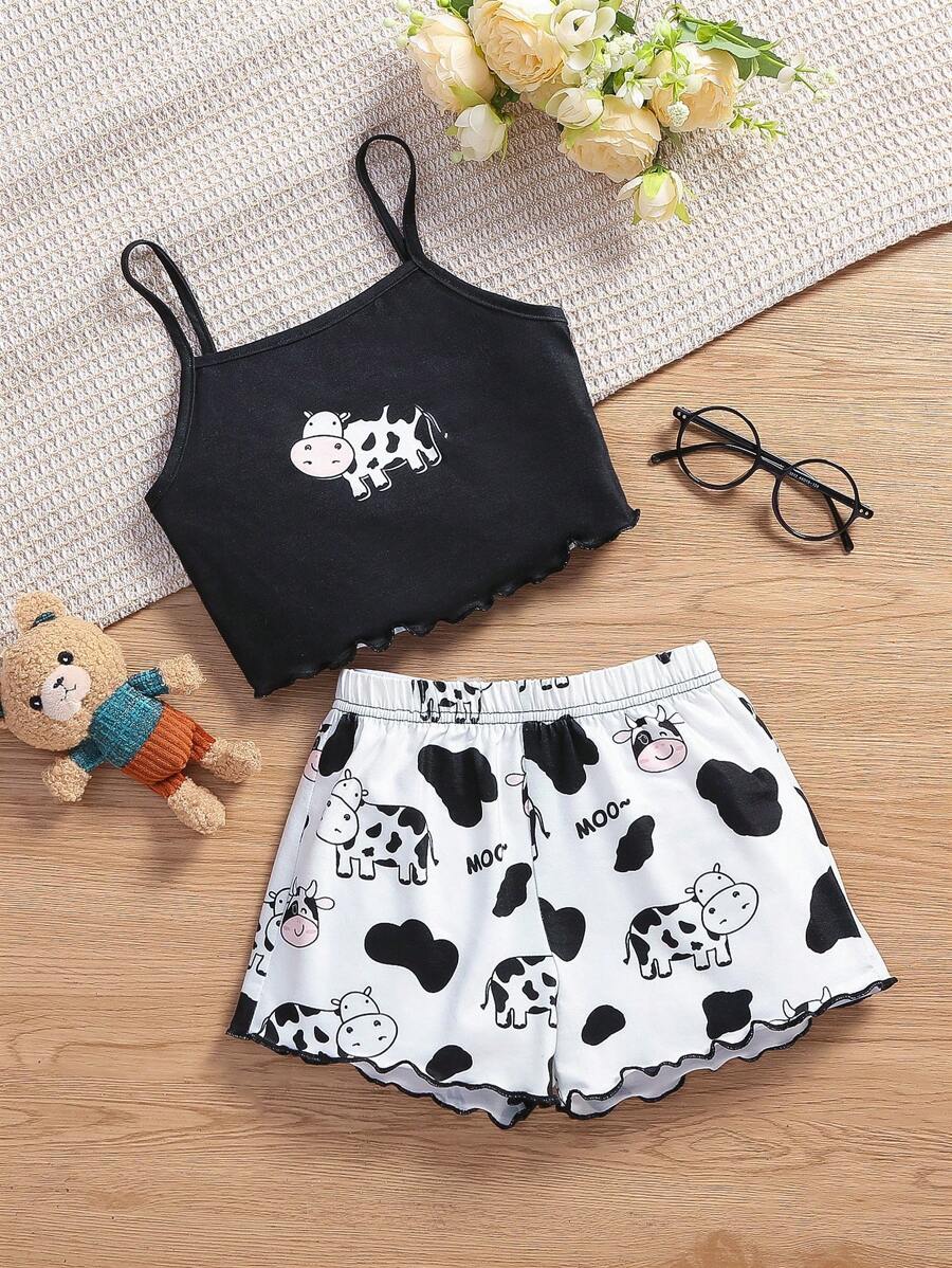 SHEIN 年轻女孩卡通图案生菜边吊带背心和短裤睡衣套装 - 黑與白 - 查看 1