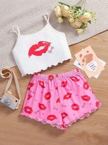 SHEIN Tween Girl Lip & Letter Graphic Lettuce Trim Cami Top & Shorts PJ Set - Multicolor - View 1