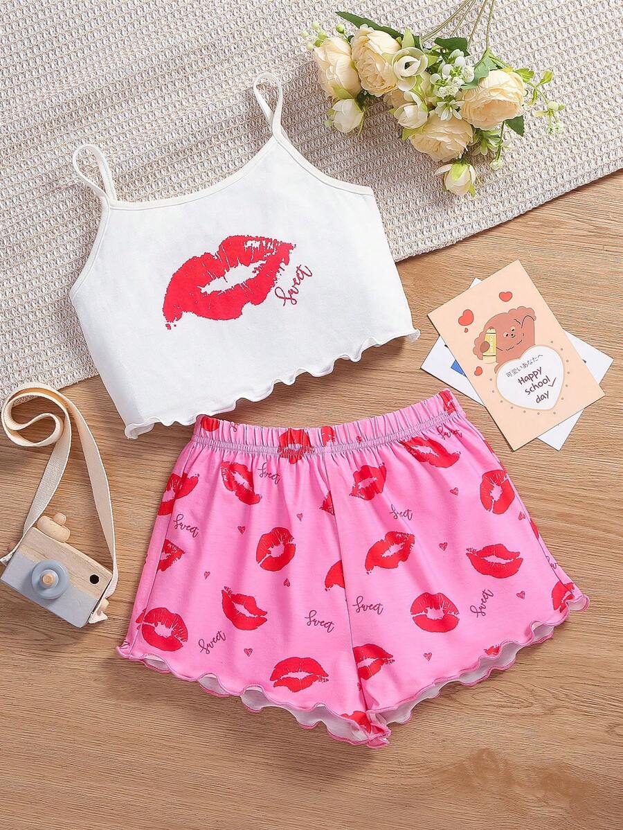 SHEIN Tween Girl Lip & Letter Graphic Lettuce Trim Cami Top & Shorts PJ Set - Multicolor - View 1