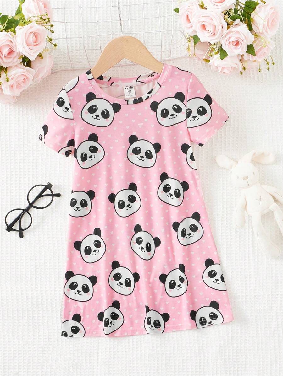 SHEIN Leap Crew Young Girl Panda Print Tee Nightdress - Multicolor - View 1