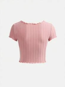SHEIN Girlism Tops con gái Nơ Bướm Tương phản ren Xù nhỏ Ngọc trai Gân đan Khối Màu Dễ thương - Màu Hồng baby - Xem 2