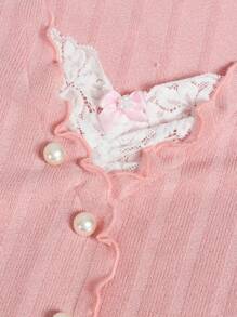 SHEIN Girlism Tops con gái Nơ Bướm Tương phản ren Xù nhỏ Ngọc trai Gân đan Khối Màu Dễ thương - Màu Hồng baby - Xem 4