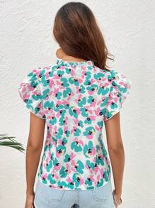 SHEIN VCAY Allover Print Notched Neckline Butterfly Sleeve Blouse - White - View 2