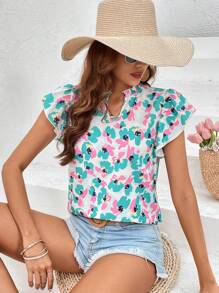 SHEIN VCAY Allover Print Notched Neckline Butterfly Sleeve Blouse - White - View 4