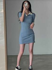 Vestido ajustado de cuello en contraste tejido de canalé - Neblina azul - Ver 4