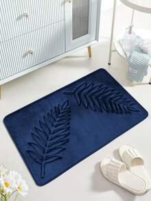 葉子圖案防滑浴室地毯海軍藍色滌綸吸水地墊 - 藏蓝色 - 查看 2