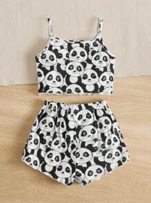 SHEIN Tween Girl Panda Print Cami Top & Shorts PJ Set - Black and White - View 2