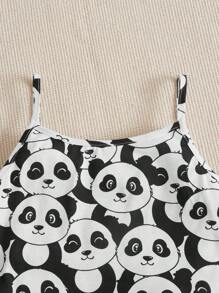 SHEIN Tween Girl Panda Print Cami Top & Shorts PJ Set - Black and White - View 4