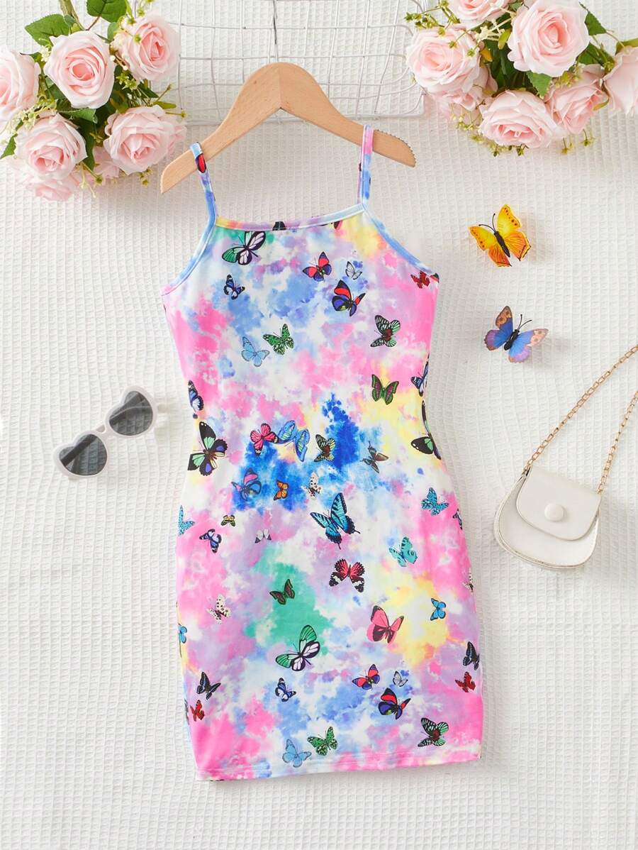 SHEIN 女孩蝴蝶圖案紮染吊帶連衣裙 - 彩色 - 查看 1