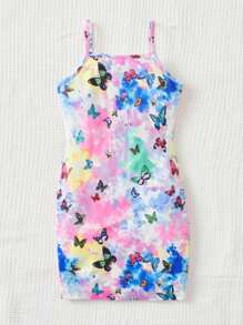 SHEIN 女孩蝴蝶圖案紮染吊帶連衣裙 - 彩色 - 查看 2
