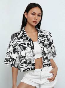 SHEIN EZwear 波普藝術圖案落肩袖短款襯衫不附抹胸