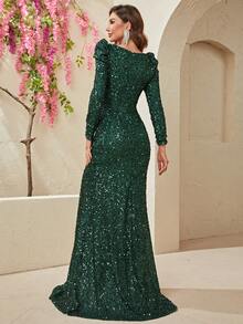 YISIKADO Square Neck Sequin Mermaid Hem Formal Dress - Dark Green - View 2