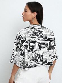 SHEIN EZwear 波普藝術圖案落肩袖短款襯衫不附抹胸