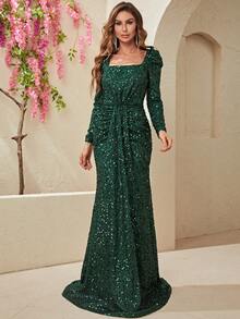 YISIKADO Square Neck Sequin Mermaid Hem Formal Dress - Dark Green - View 3