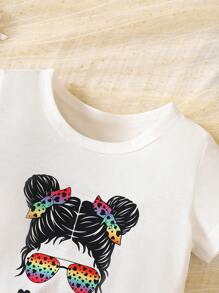 Baby Figure & Letter Graphic Tee & Ombre Shorts - Multicolor - View 3