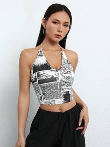 SHEIN EZwear 報紙印花露背繞頸短上衣 - 黑與白 - 查看 6