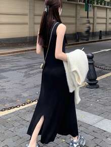 Solid Slit Back Tank Dress - Black - View 2