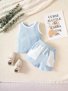 Baby Boy Contrast Binding Tank Top & Tie Front Shorts - Blue - View 1