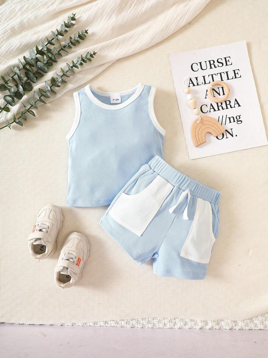 Baby Boy Contrast Binding Tank Top & Tie Front Shorts - Blue - View 1