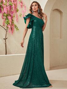 YISIKADO Vestido de vestir de un hombro ribete con fruncido con lentejuelas - Verde Oscuro - Ver 6