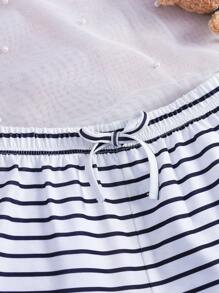 SHEIN Tween Girl Striped Camisole And Tie Waist Shorts Pajama Set - Black and White - View 3