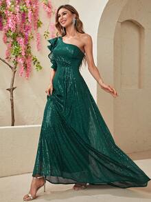 YISIKADO Vestido de vestir de un hombro ribete con fruncido con lentejuelas - Verde Oscuro - Ver 7