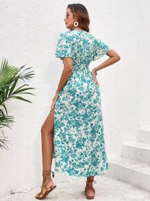 SHEIN VCAY Allover Print Butterfly Sleeve Split Thigh Dress - Multicolor - View 2