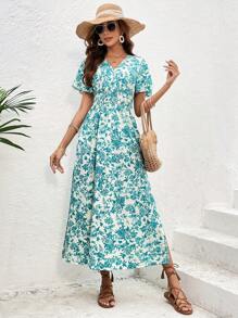 SHEIN VCAY Allover Print Butterfly Sleeve Split Thigh Dress - Multicolor - View 4