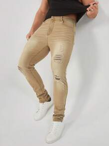 GENTILAND Hombres Jeans ajustados desgarro - Caqui - Ver 1