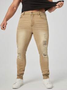 GENTILAND Hombres Jeans ajustados desgarro - Caqui - Ver 4