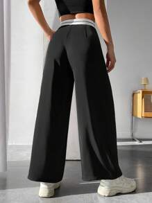 SHEIN PETITE 拼接腰闊腿褲 - 黑色 - 查看 2