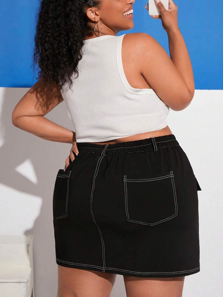 SHEIN CURVE+ Plus Top-stitching Flap Pocket Skirt - Black - View 2