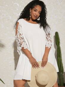 SHEIN CURVE+ 大碼拼接水溶蕾絲挖肩連衣裙 - 白色 - 查看 2