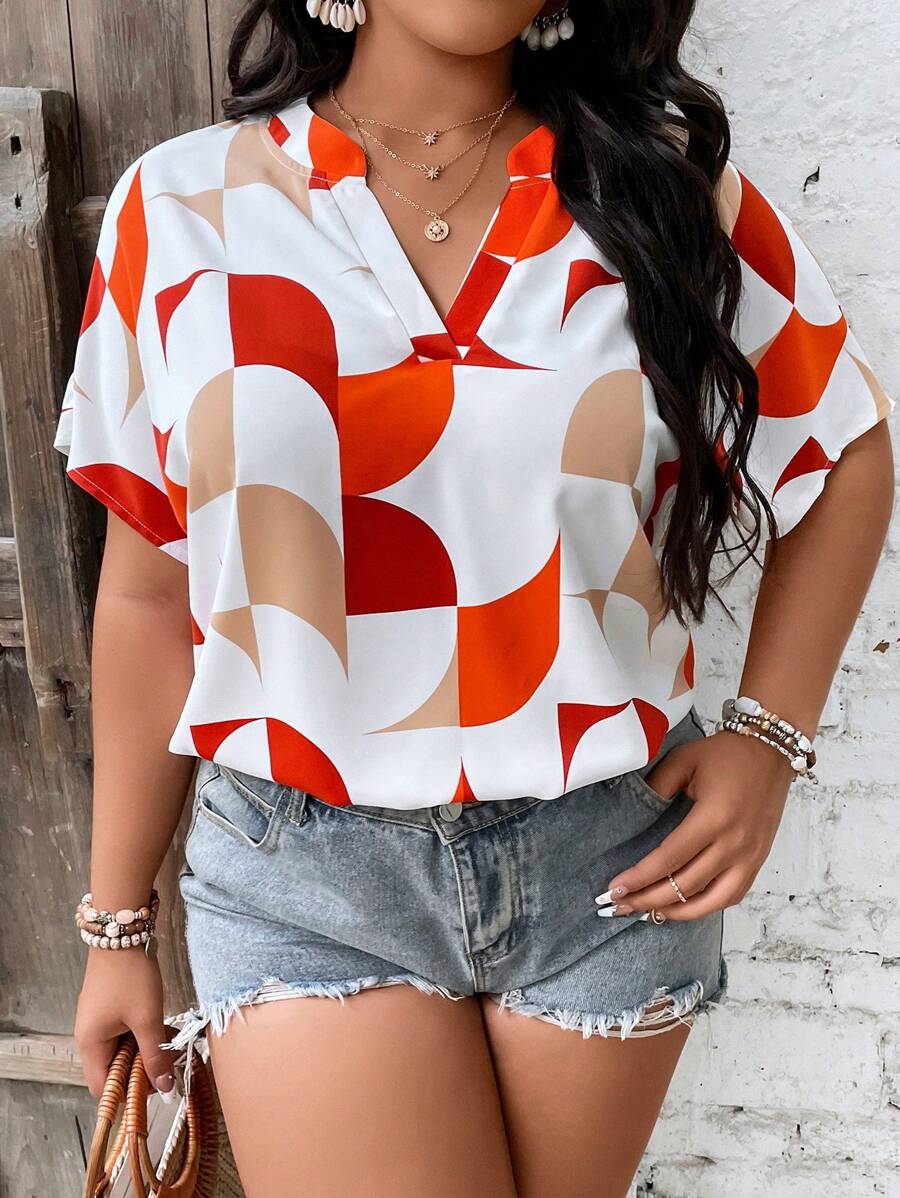 SHEIN LUNE 大碼幾何印花蝙蝠袖四分之一無紐扣開襟襯衫 - 彩色 - 查看 1